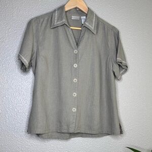Vintage Erika Embroidered Short Sleeve Linen Blend Button Down